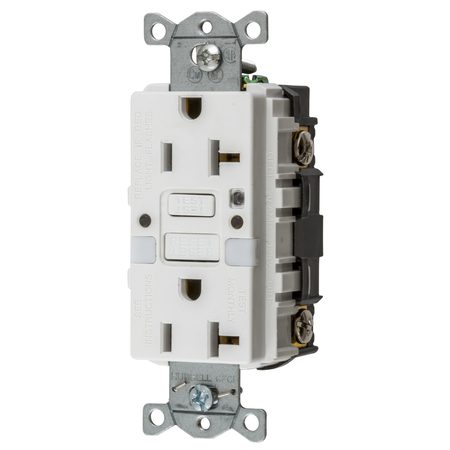 HUBBELL WIRING DEVICE-KELLEMS Power Protection Products, Receptacle, GFCI, Commercial Grade, Self Test, 20A 125V, 2-Pole 3-Wire Grounding, 5- 20R, With Nightlight, White GFRST20WNL
